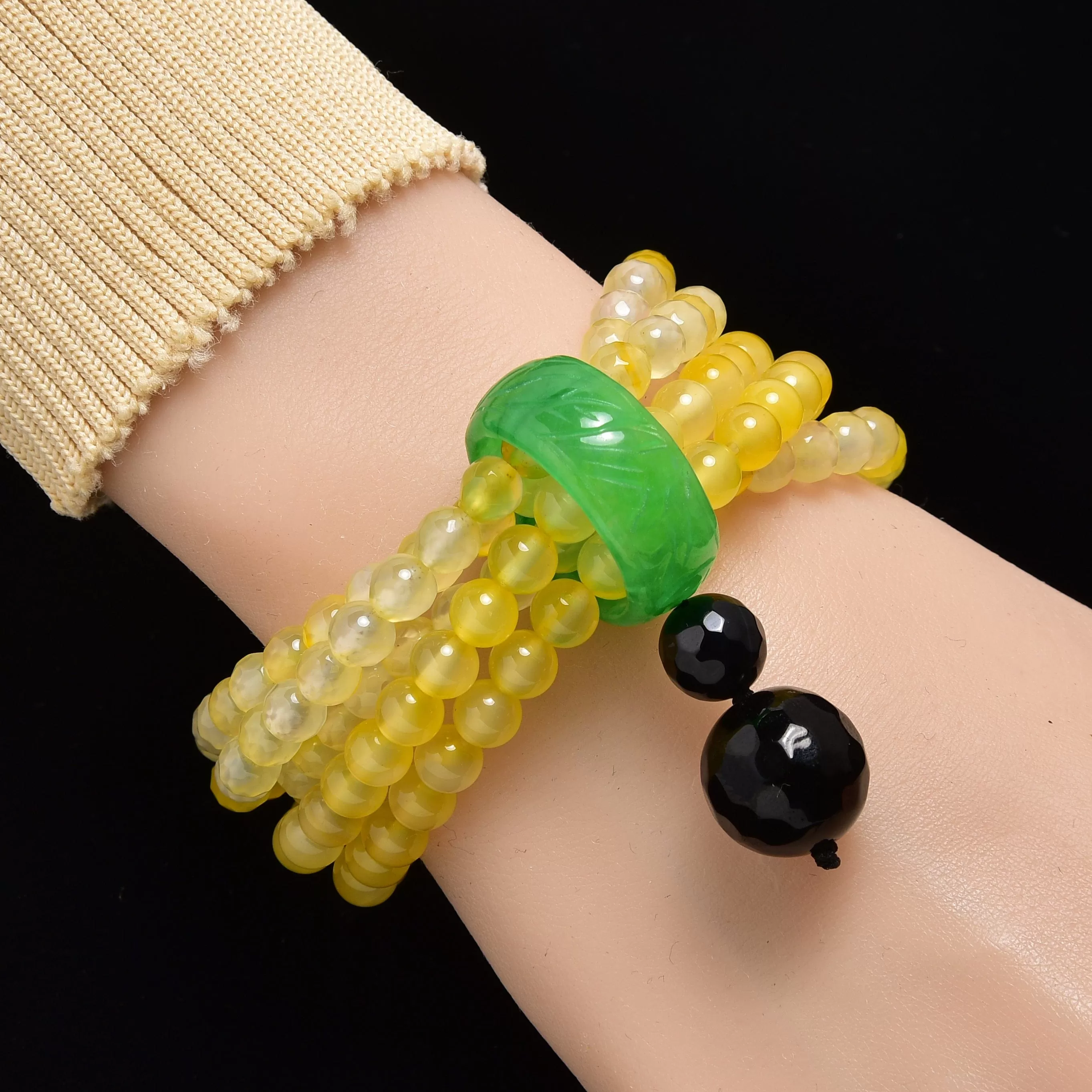 Yellow Agate 6mm Beads with Jade Ring Gemstone Elastic Bracelet