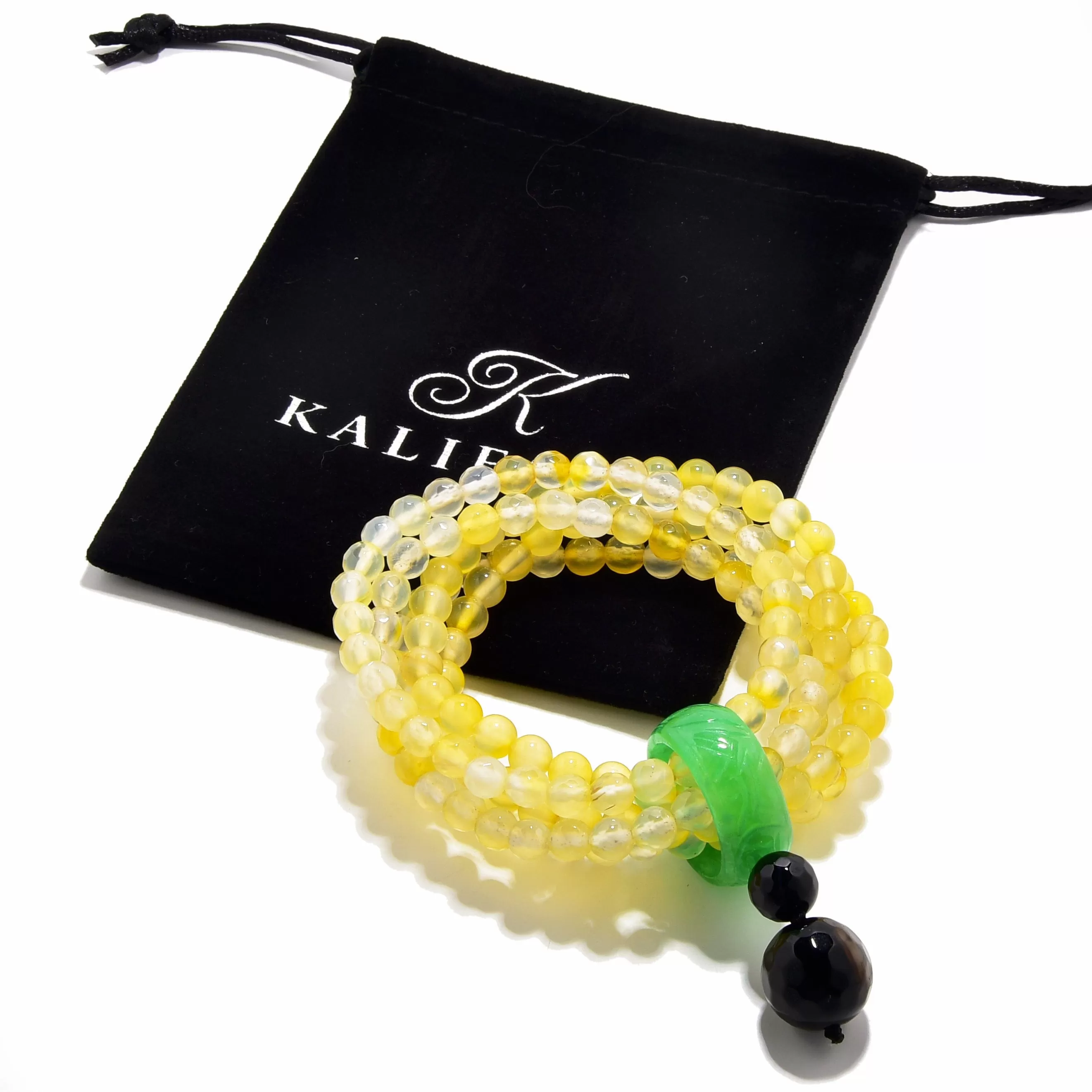 Yellow Agate 6mm Beads with Jade Ring Gemstone Elastic Bracelet